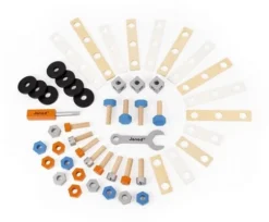 Janod - Brico'Kids Eimer Mit 50 Teilen, Holz-Konstruktionsspiel Und Spielzeugnachbildung, Mit 5 Modellen, Feinmotorische Fähigkeiten Und Kreativität, Ab 3 Jahren, J06480