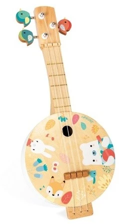 Janod - Pure Banjo - Holz Musikinstrument Für Kinder Mit Hübschen Illustrationen - Stimmschlüssel In Vogelform - 3 Ersatzsaiten - Farben Auf Wasserbasis - Ab 3 Jahren, J05160