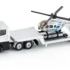 SIKU 1610, Polizei Tieflader Mit Helikopter, Metall/Kunststoff, Silber, Öffenbare Heckklappe, Abkoppelbarer Auflieger