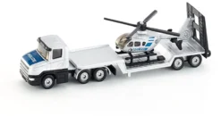 SIKU 1610, Polizei Tieflader Mit Helikopter, Metall/Kunststoff, Silber, Öffenbare Heckklappe, Abkoppelbarer Auflieger