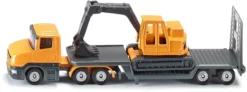 SIKU 1611, Tieflader Mit Bagger, Metall/Kunststoff, Gelb/Grau, Öffenbare Heckklappe, Abkoppelbarer Auflieger