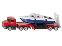 SIKU 1613, Tieflader Mit Boot, Metall/Kunststoff, Rot/Blau/Weiß, Öffenbare Heckklappe, Schwimmfähiges Boot
