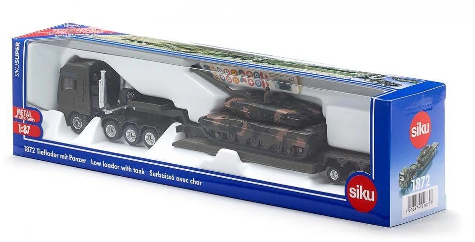 SIKU 1872, Tieflader Mit Panzer, Metall/Kunststoff, 1:87, Abnehmbarer Auflieger, Aufkleberset Zur Individuellen Gestaltung, Grün 3 SIKU 1872, Tieflader Mit Panzer, Metall/Kunststoff, 1:87, Abnehmbarer Auflieger, Aufkleberset Zur Individuellen Gestaltung, Grün – Bild 3