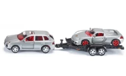 SIKU 2544, PKW Mit Transport-Anhänger Und Sportwagen, 1:55, Metall/Kunststoff, Silber, Kippbare Ladefläche